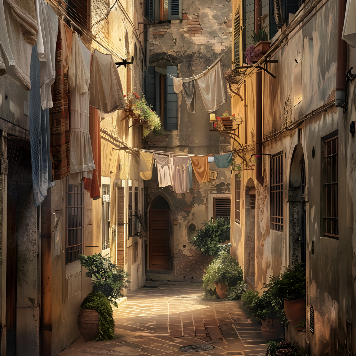 Photo by Iffany ai generated, laundry, clothes, hanging, street, city, buildings, alley